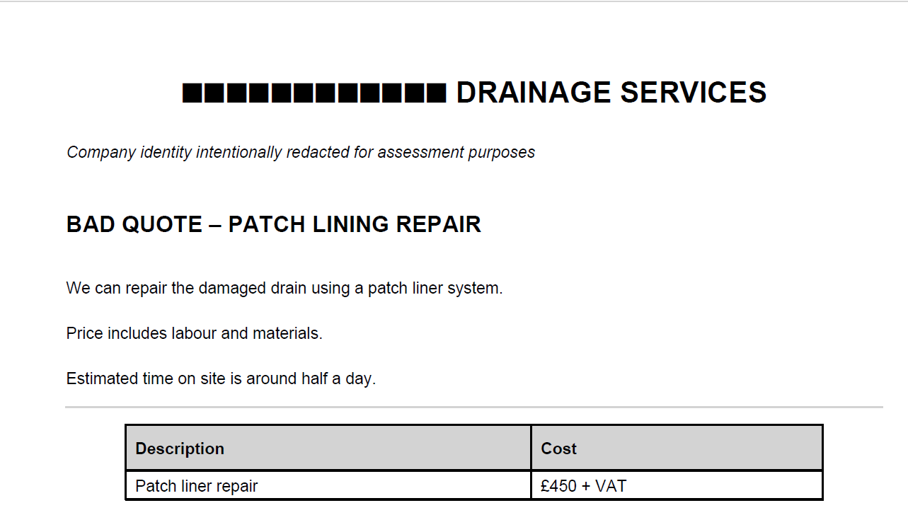 Example of a poor quote for patch lining repairs.