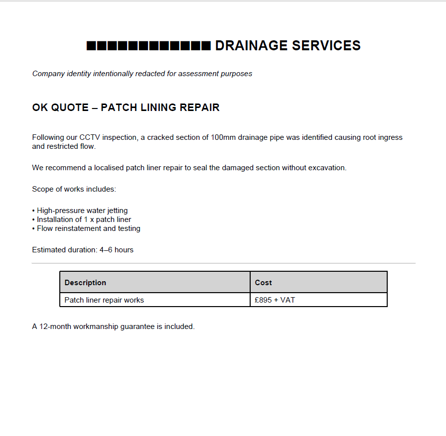 Example of an acceptable quote for a patch line repair.