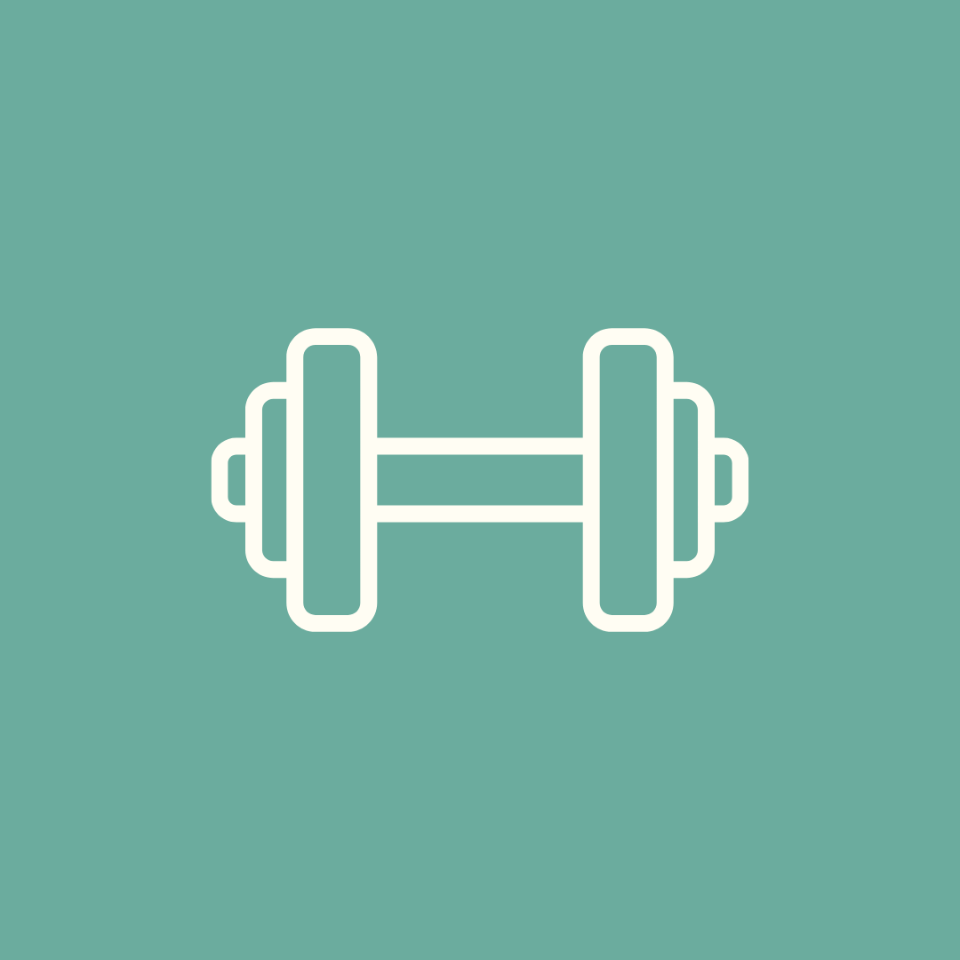 Icon of a dumbbell on a teal background.