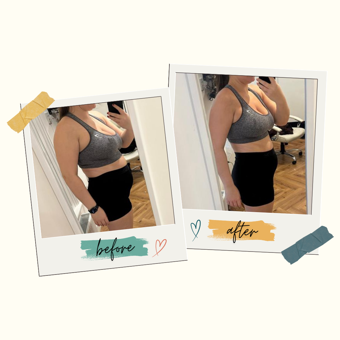 Side-by-side photos showing a woman's fitness progress, labeled 'before' and 'after,' with the woman in a gray sports bra and black shorts taking mirror selfies in a room with hardwood floors.