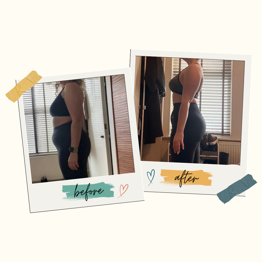 Side-by-side comparison of a woman before and after her fitness transformation, wearing black workout clothes, with the words "before" and "after" written on each photo.