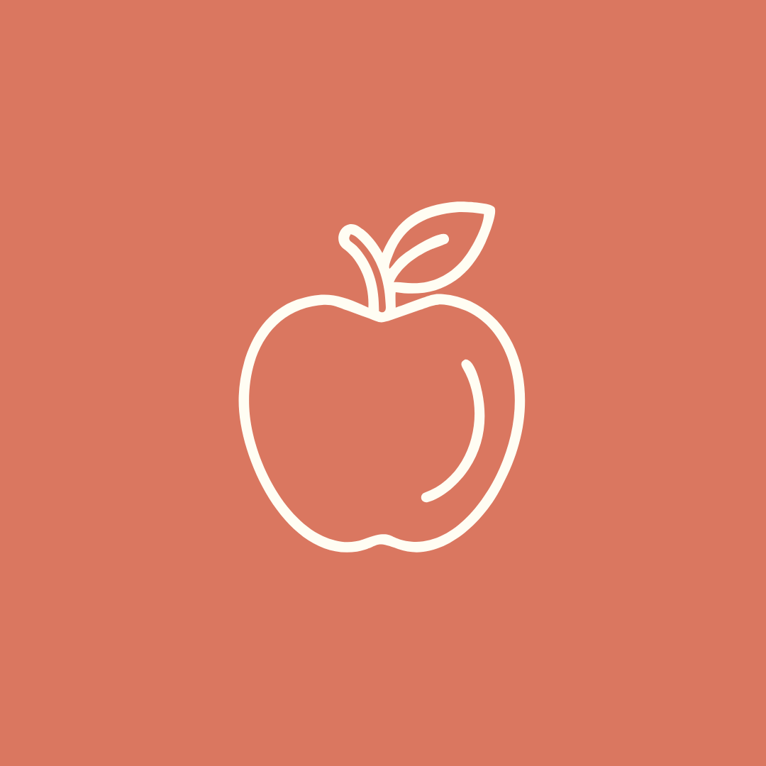 Line drawing of an apple with a leaf on a solid background.