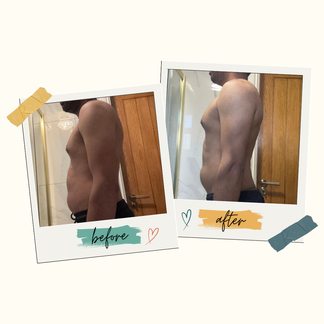 Side-by-side comparison of a man's torso before and after body transformation, showing reduced abdominal fat and increased muscle definition in the after photo.