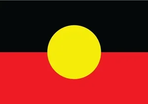 Flag with a black top stripe, a red bottom stripe, and a yellow circle in the center