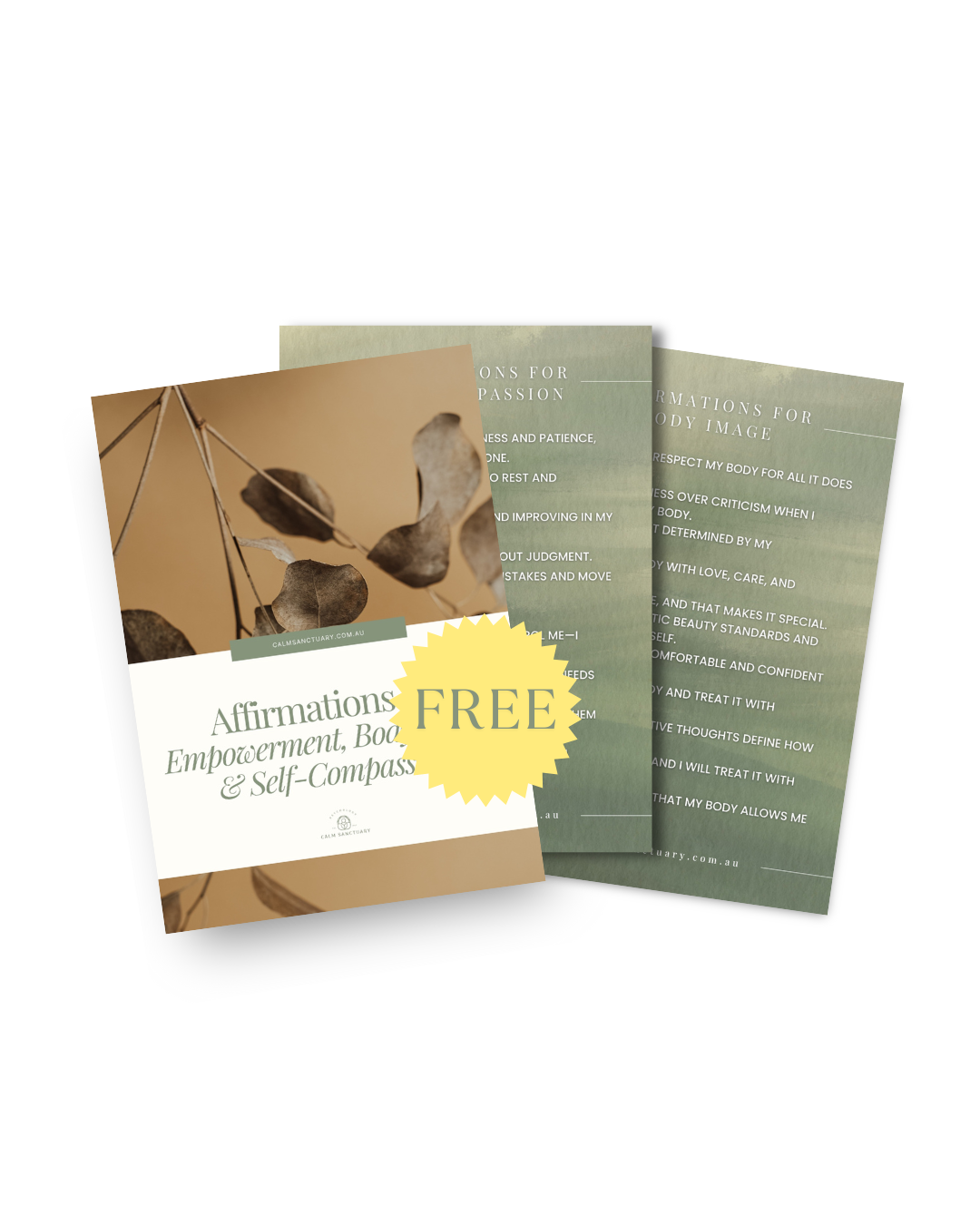 Booklet titled "Affirmations for Empowerment, Body Image & Self-Compassion" with a "FREE" label on the cover, featuring an image of dried leaves and text about affirmations on the inside pages.