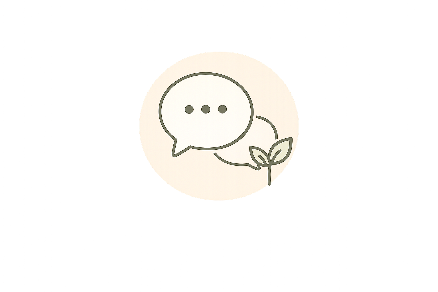 A logo with a speech bubble and a small plant with two leaves, placed inside a circle.