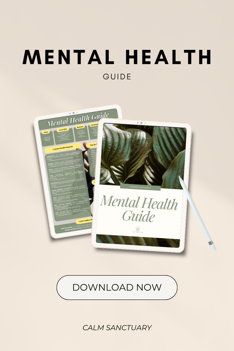 Advertisement for a mental health guide with two digital tablets displaying the guide's cover and contents, a stylus, and a download button on a beige background.