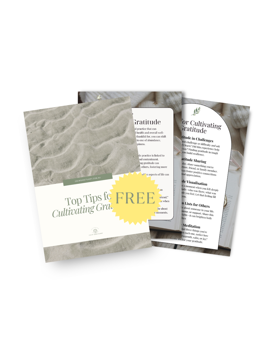 A free downloadable guide titled 'Top Tips for Cultivating Gratitude' with pages showing tips and advice on practicing gratitude, with a sandy background and gentle, earthy tones.