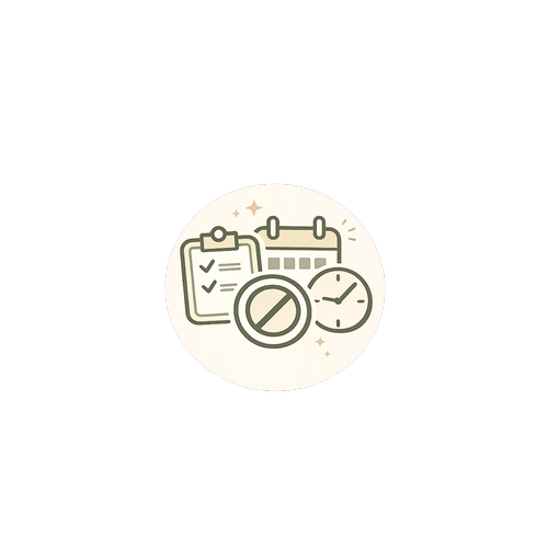 Illustration of planning and scheduling tools, including a clipboard with checkmarks, a calendar, a priority indicator, and a clock, all within a white circle on a black background.