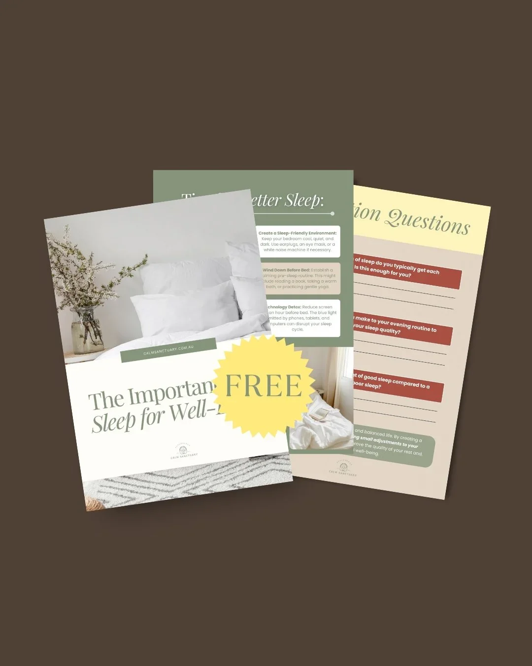 A promotional flyer for a free sleep wellness guide, featuring images of a cozy bedroom with white bedding, and informational sheets about sleep tips and questions.