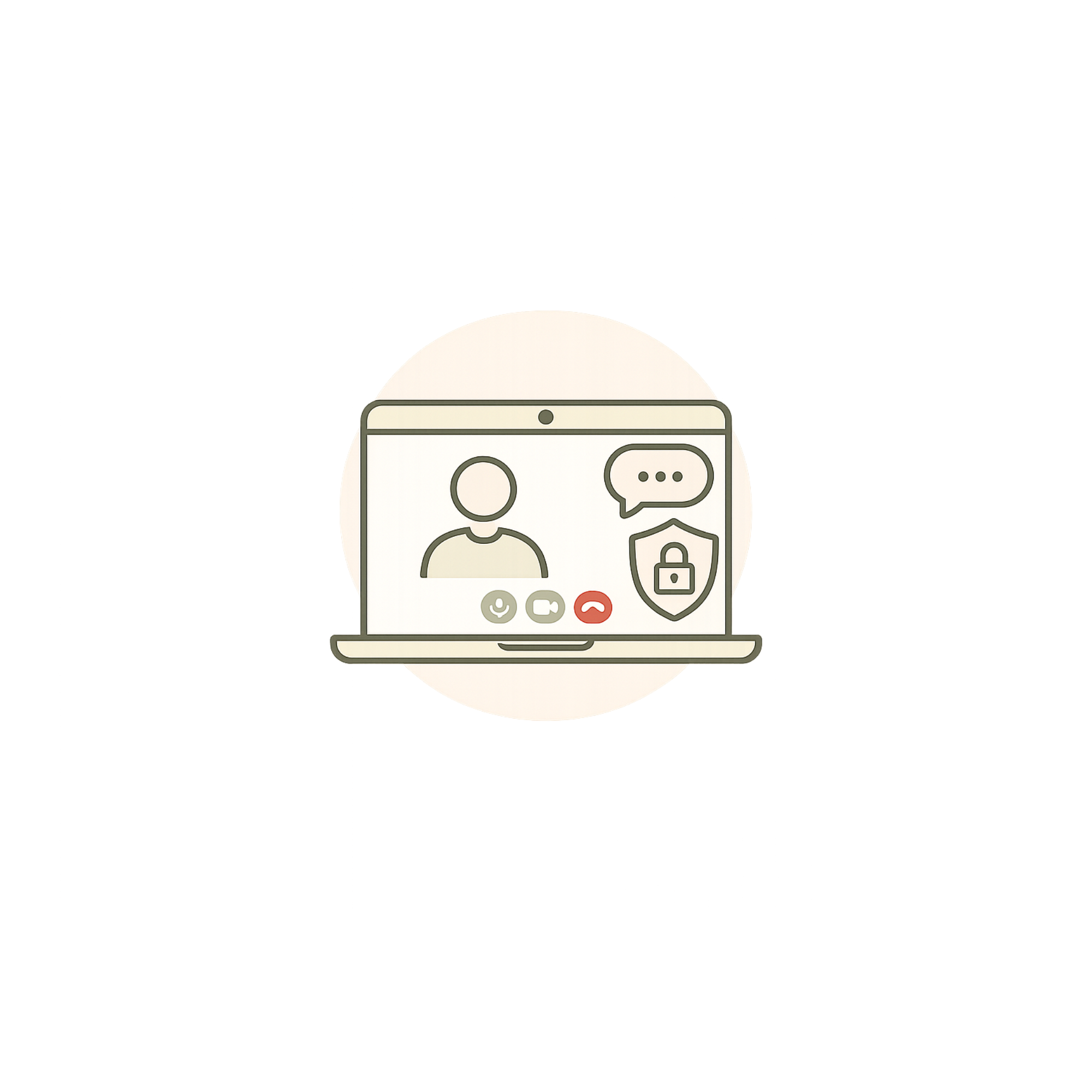 Illustration of a smartphone with a video call interface, displaying icons for microphone, video, and hang up, over a circular background.