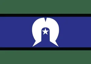 Flag with a white horseshoe shape and a star inside, on a blue background with green borders at the top and bottom.