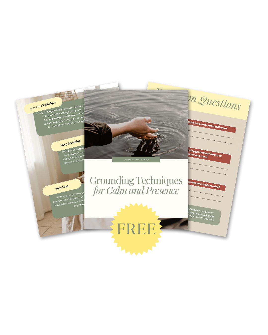 Free guide titled 'Grounding Techniques for Calm and Presence' featuring a hand touching water, with pages on techniques such as acknowledgment, deep breathing, and body scan.