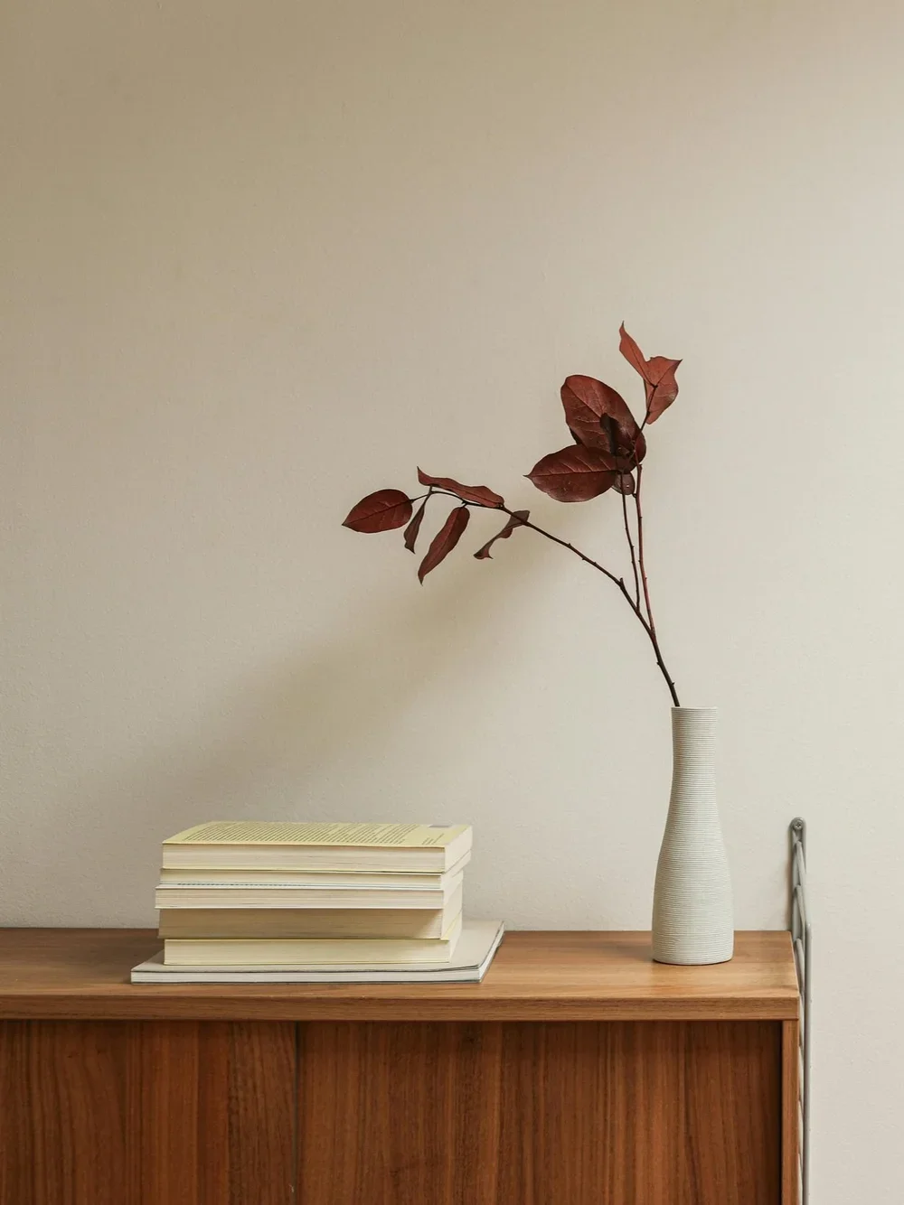A wooden sideboard with a stack of textbooks and a tall white vase with a branch of reddish leaves against a plain beige wall.