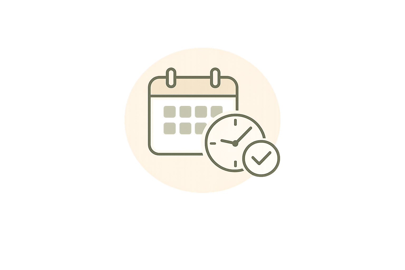 Calendar with a checkmark and clock indicating scheduled or confirmed time.