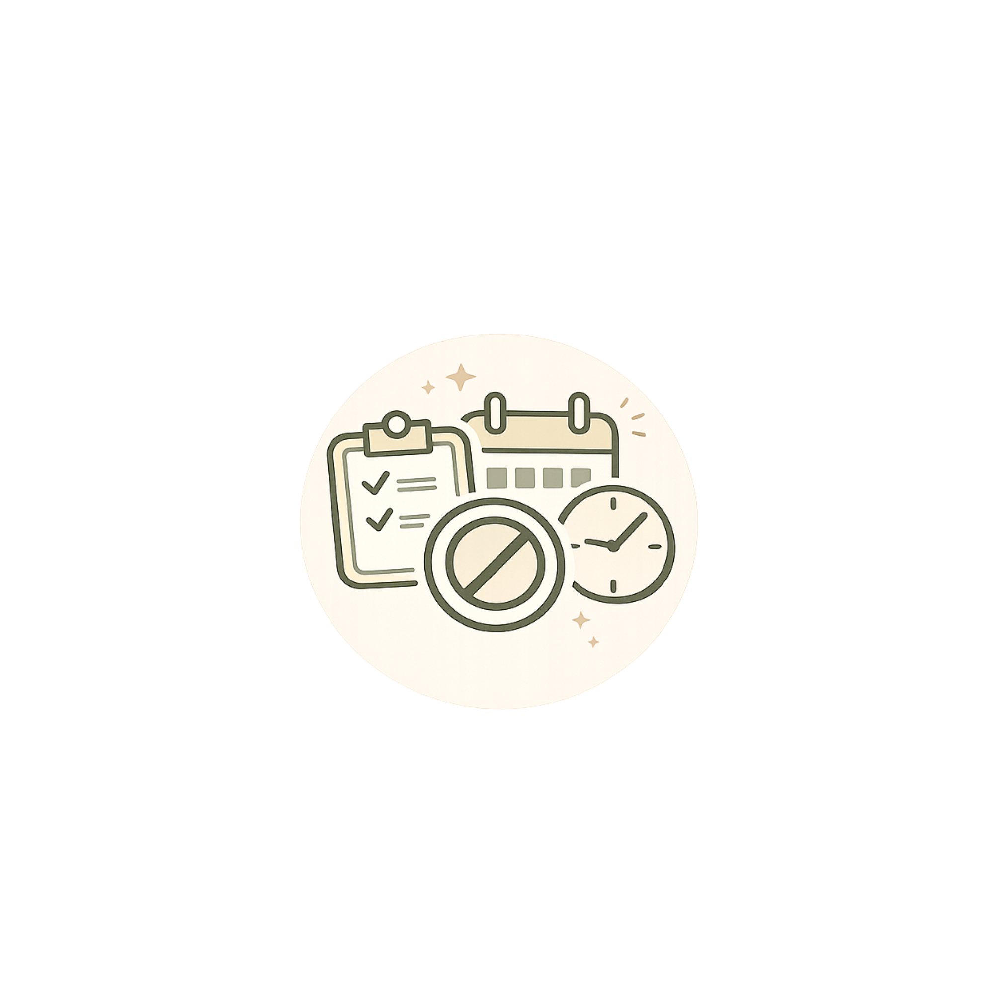 Illustration of a clipboard, checklist, clock, and calendar with stars and lines indicating planning or scheduling.