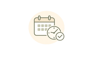 A calendar with a clock and a checkmark indicating scheduled or completed tasks, set against a dark background.