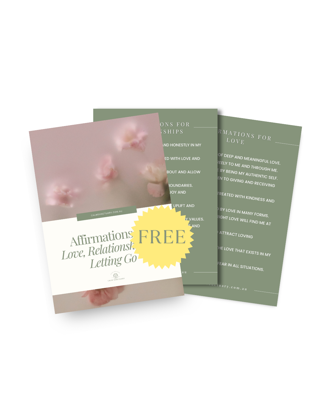 Free pamphlets about affirmations for love, relationships, and letting go, with a soft pink floral background, one pamphlet titled 'Affirmations for Love, Relationships & Letting Go' and a yellow 'FREE' sticker.