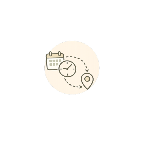 Icons representing calendar, clock, and location marker connected by dashed arrows suggesting scheduling or navigation.