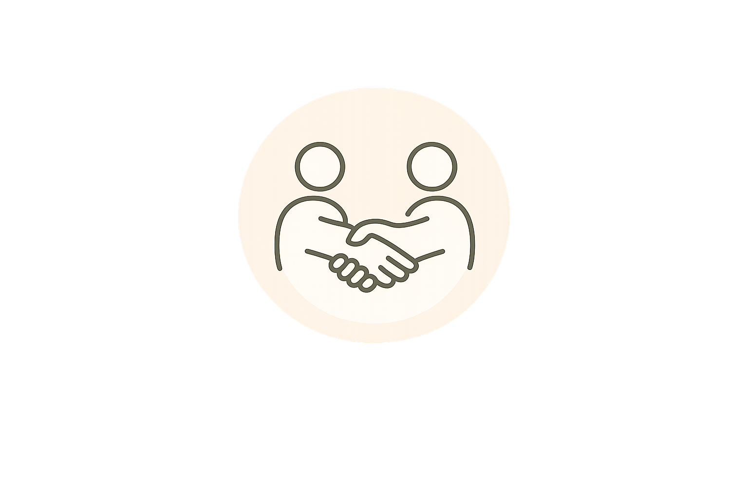 Simple line drawing of two people shaking hands, indicating agreement or partnership, inside a circular background.