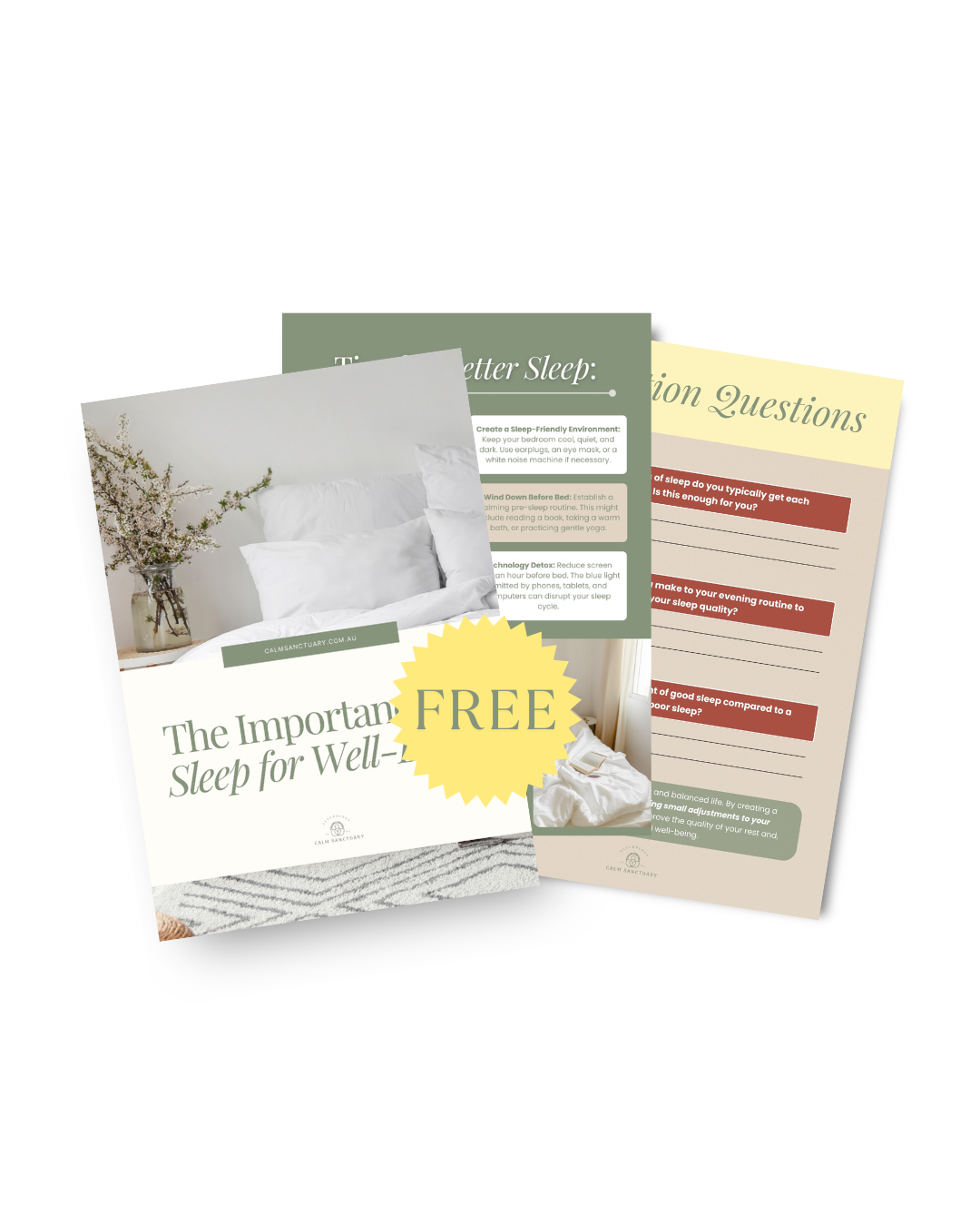 Free printable booklet titled 'The Important Sleep for Well' featuring a photograph of a neatly made bed with white linens, and informational pages about creating a sleep-friendly environment, questions about sleep habits, and tips for better sleep.