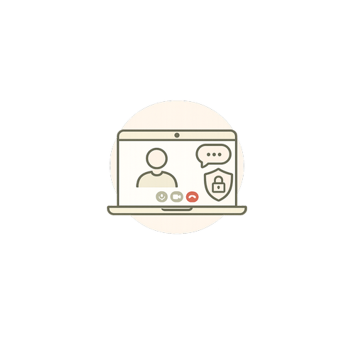Illustration of a video call screen with a person, chat bubble, lock icon, and call controls.