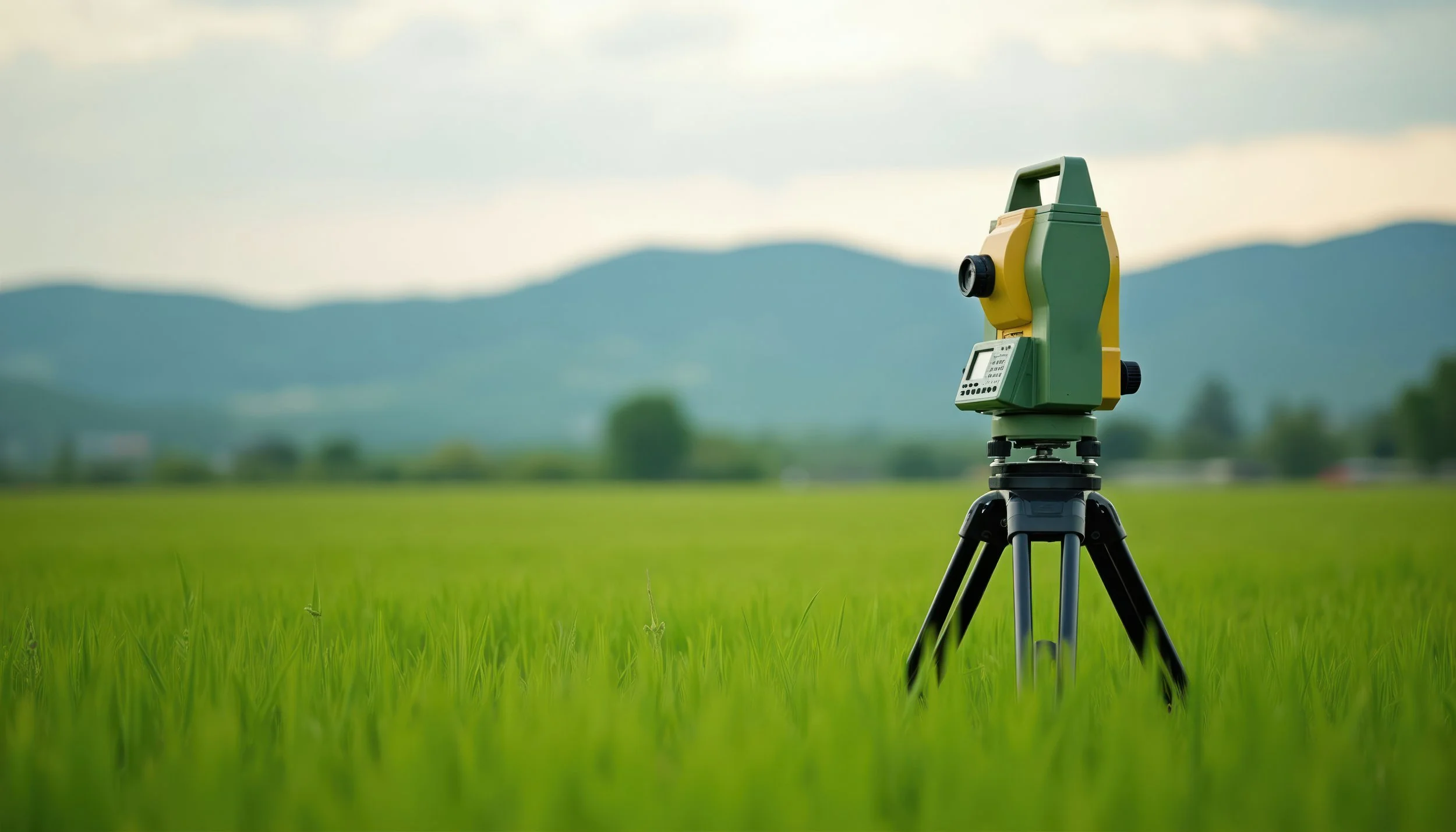 A surveying instrument on a tripod standing in a grassy field with mountains in the background and a cloudy sky.