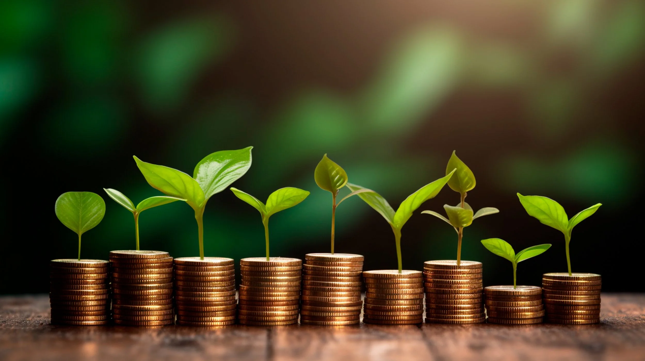 Stacks of coins with small green plants growing from the top, symbolizing financial growth and investment.