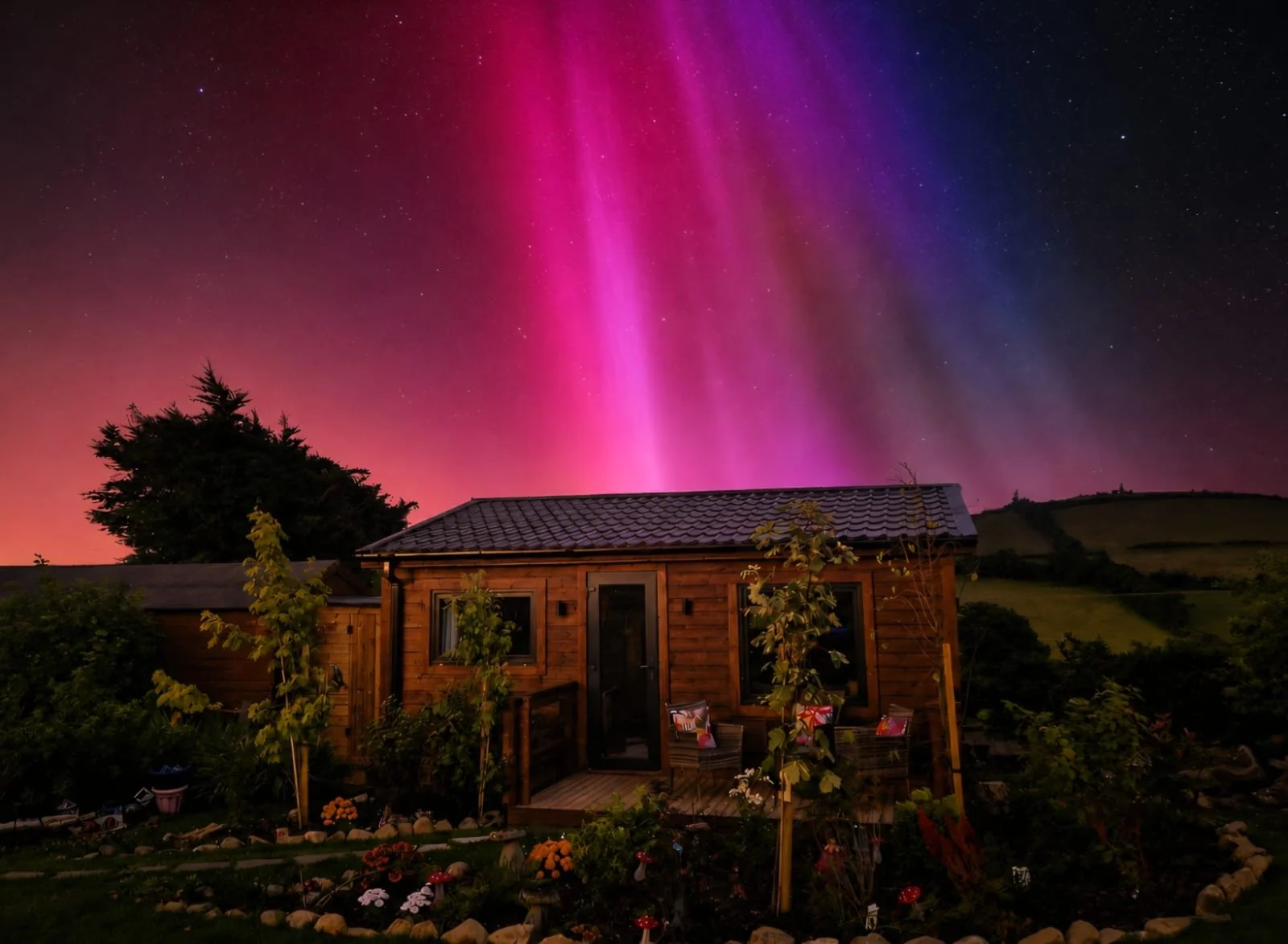 A wooden house in a garden at night with trees and flowers, under a colorful sky illuminated by the Northern Lights.