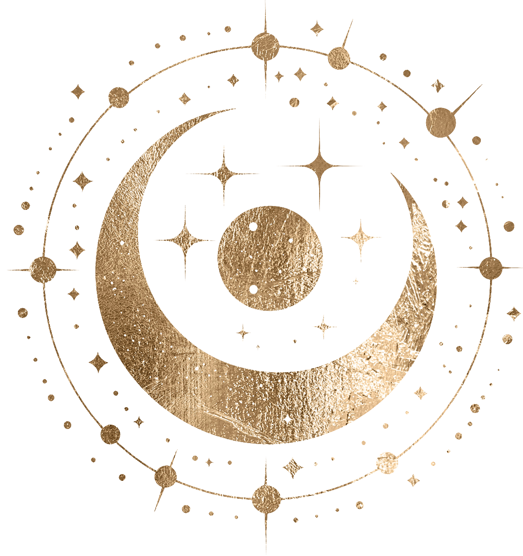 Stylized depiction of a golden crescent moon and a circle with stars, planets, and celestial patterns on a black background.