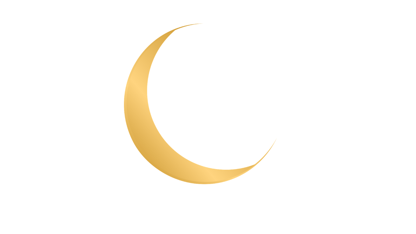 Golden crescent moon next to a yellow rectangle on a black background.