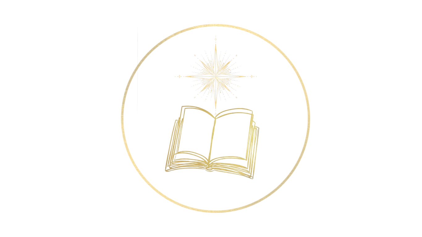Religious emblem featuring a gold-bordered open Bible in front of a starburst, with a red, black, and gold background.