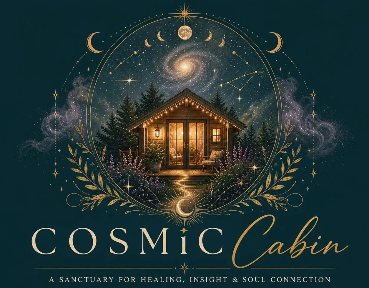 An illustrated cosmic scene with a cozy cabin surrounded by trees, glowing lights, and celestial elements like moon phases, stars, and galaxies, representing a sanctuary for healing and soul connection.