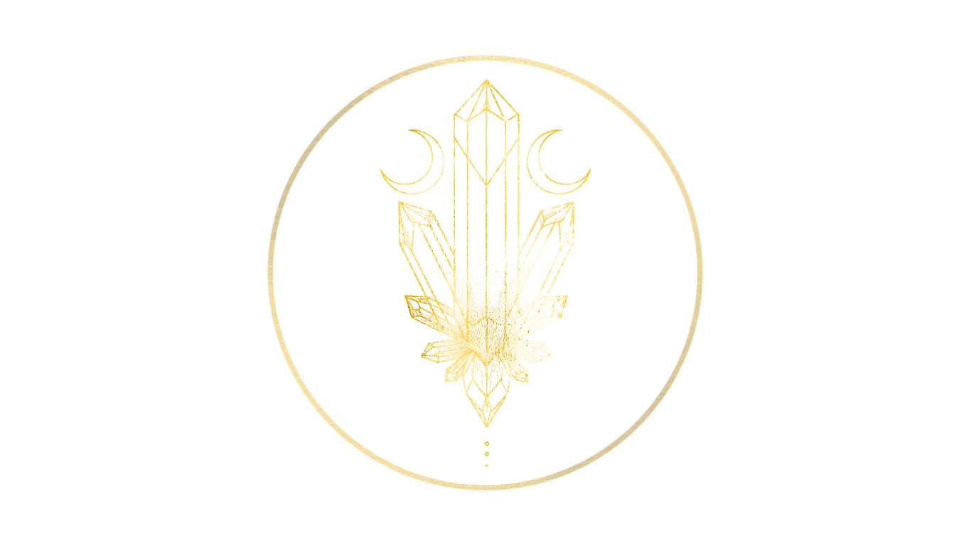 A circular emblem with a gold outline featuring a gold cannabis leaf with a dagger and crescent moons above it, over a background with red, black, yellow, and brown horizontal stripes.