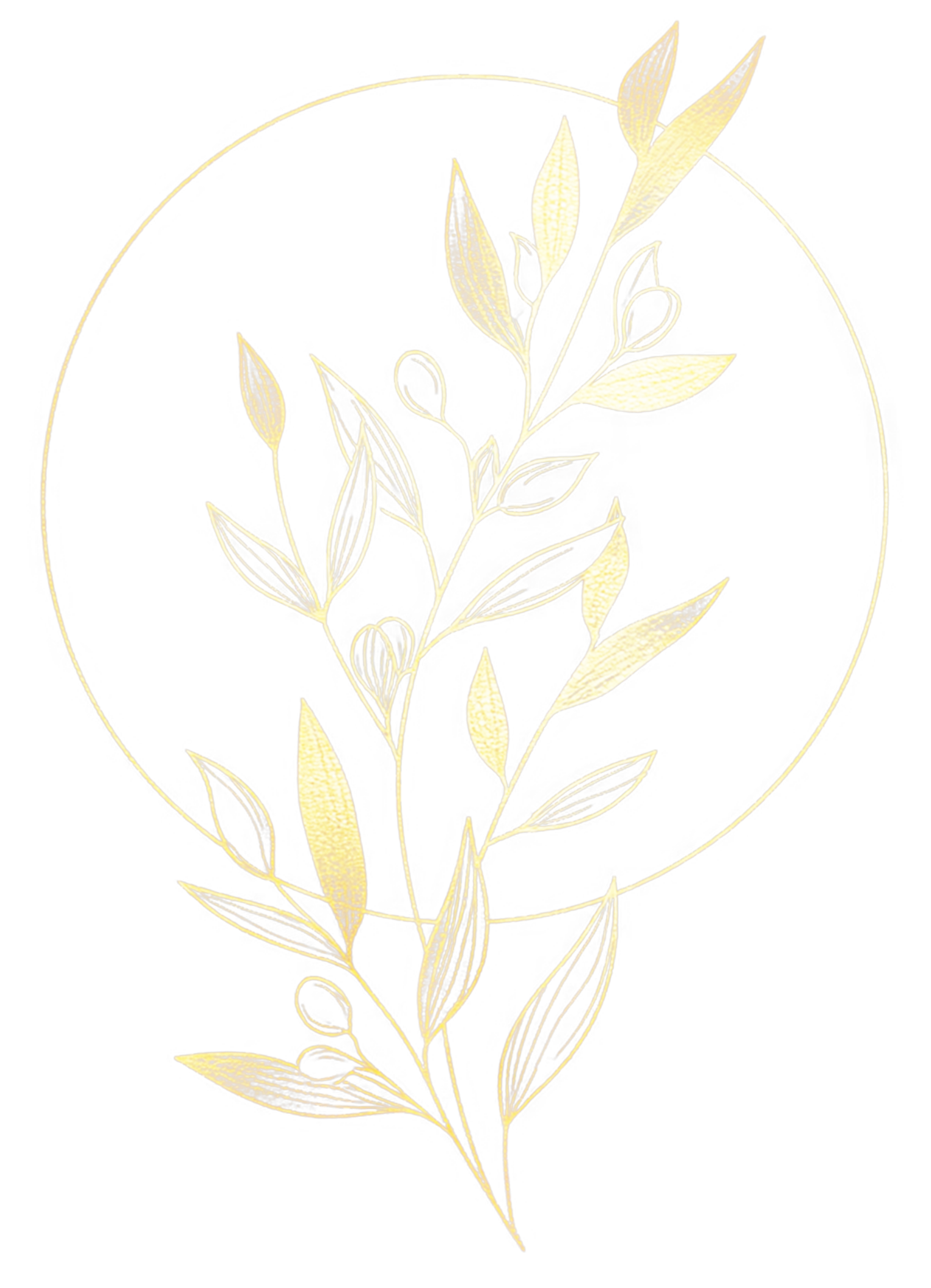 Gold embroidered design of a leafy branch within a circular border on a black background.