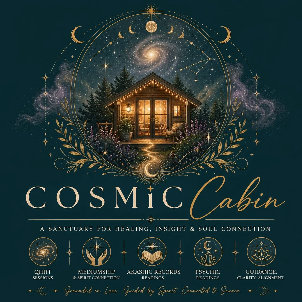 A celestial-themed illustration with a cozy cabin illuminated by interior lights, surrounded by trees and plants, with a night sky featuring stars, galaxies, moon phases, and constellations, and the text "Cosmic Cabin" and description of healing and spiritual services.