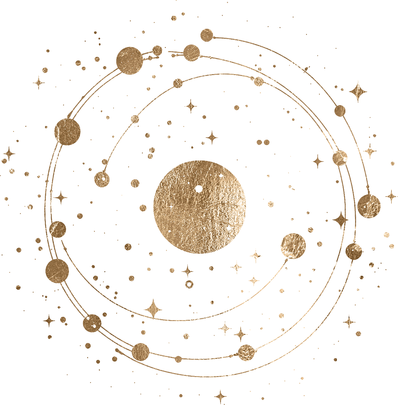 Gold-colored planetary orbits with planets and stars on a black background.