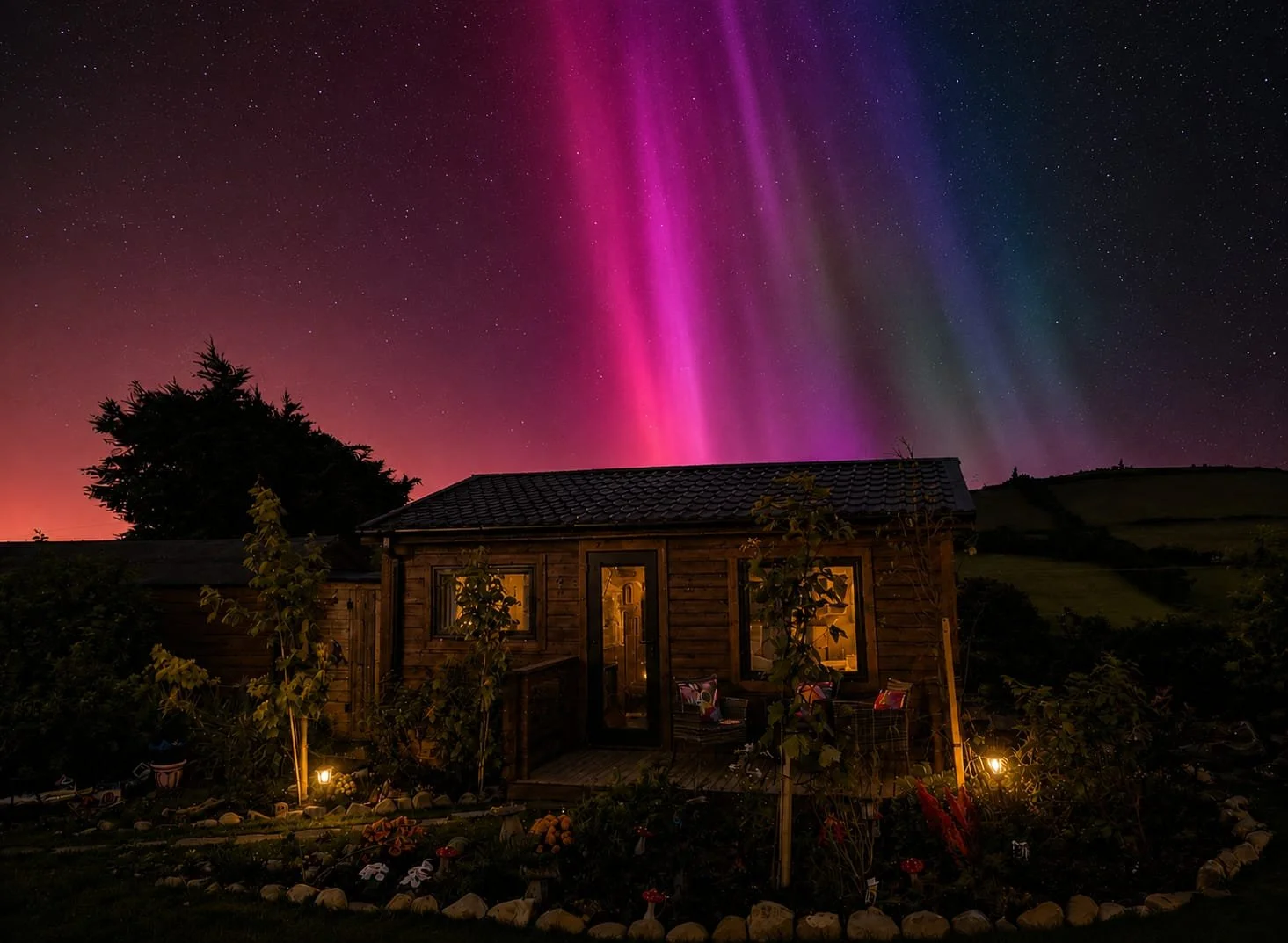 A small wooden house with lit windows at night, surrounded by plants and a garden, under a sky showing colorful aurora borealis.