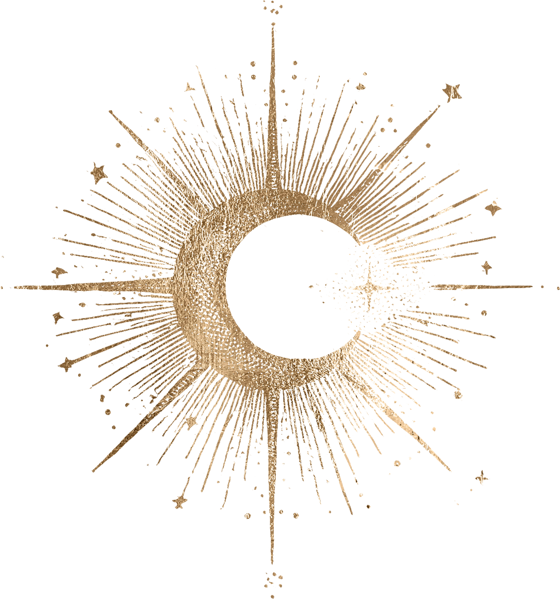 A gold celestial illustration featuring a crescent moon and a starburst with small stars on a black background.