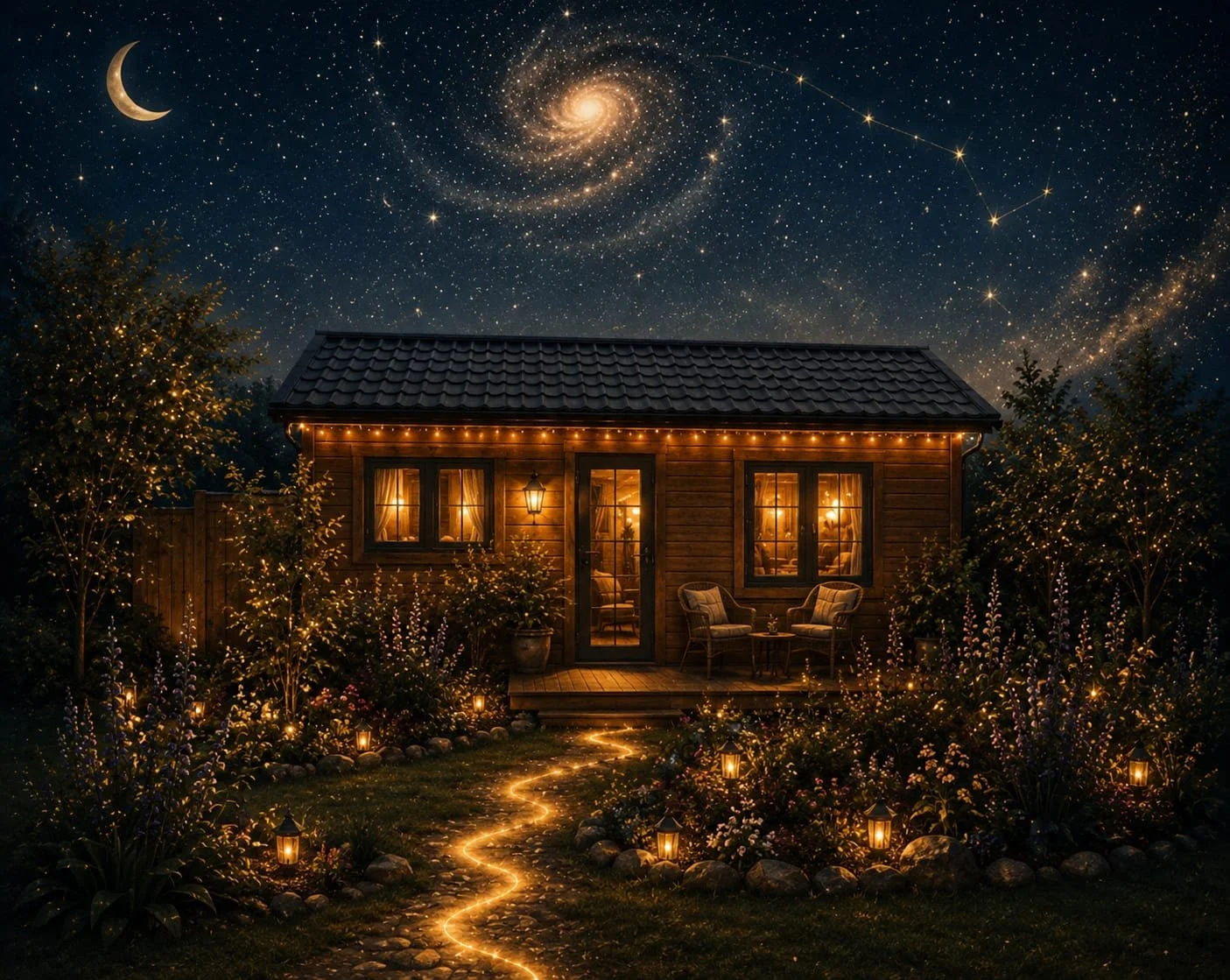 A cozy wooden house at night illuminated by warm string and interior lights, with a winding glowing path leading to the front door, surrounded by lit garden plants and trees under a starry sky with a spiral galaxy, a crescent moon, and constellation.