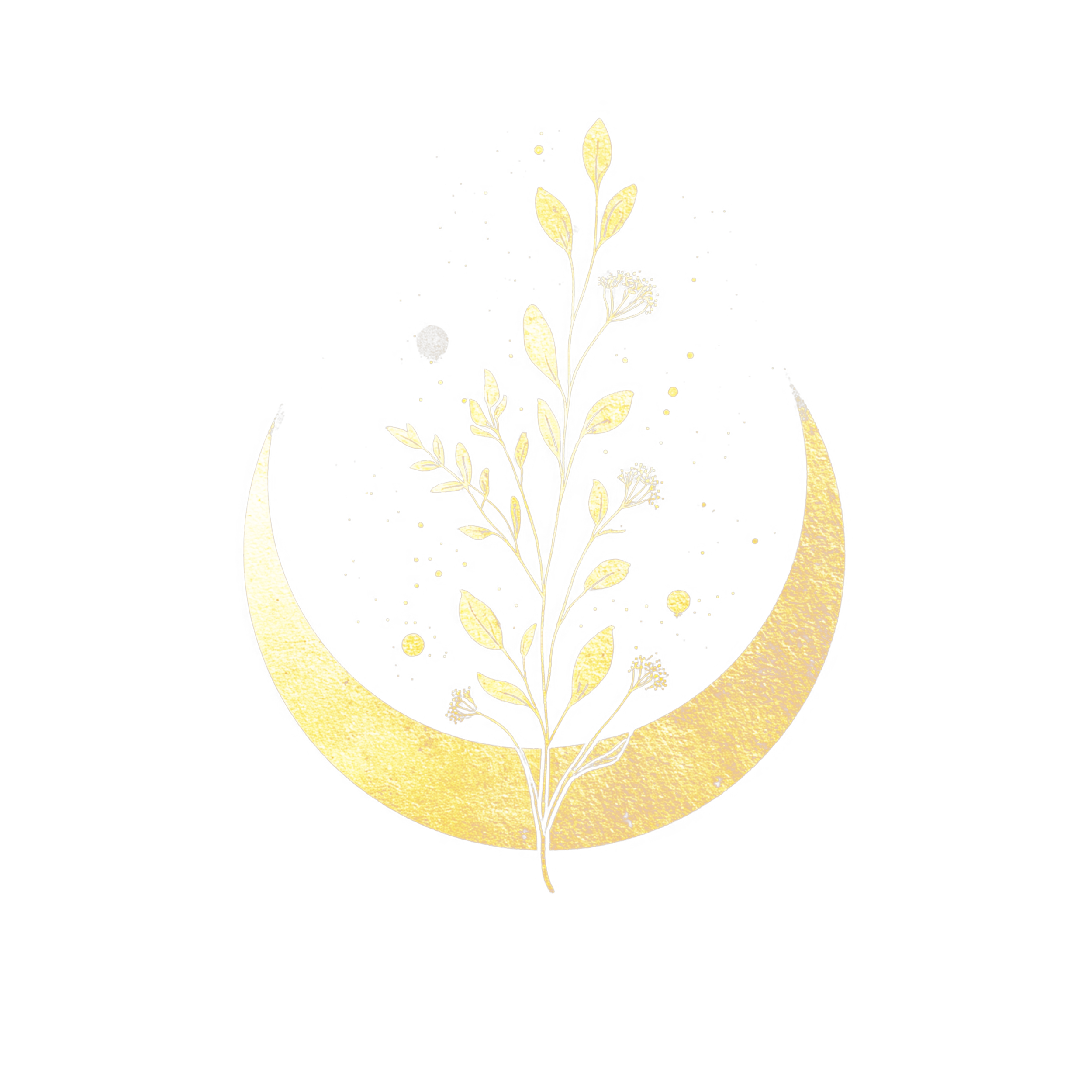 Gold crescent moon with a plant design on it, featuring leaves and small flowers, symbolizing lunar and botanical themes.