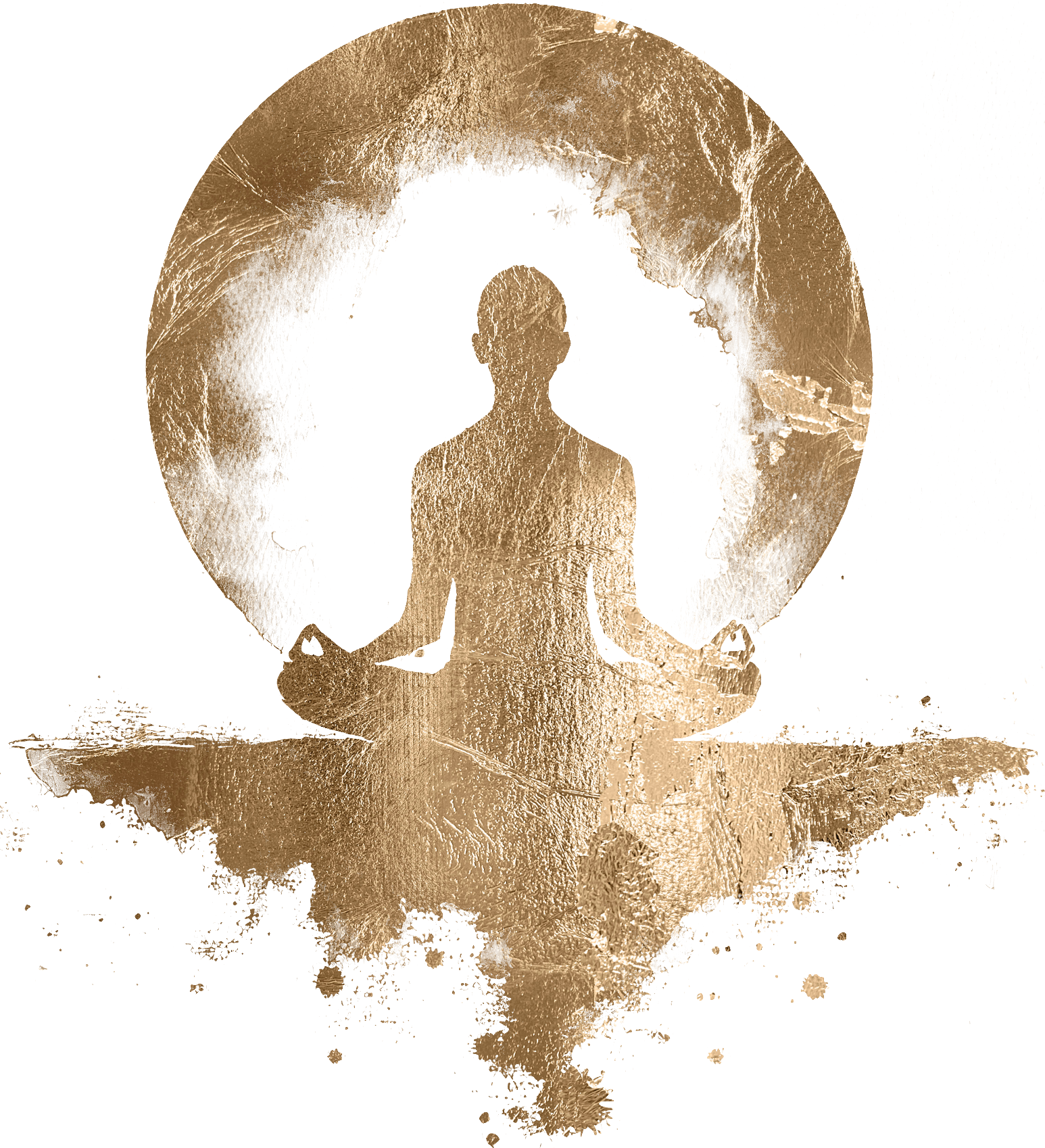 Silhouette of a person seated in a meditative pose with crossed legs and hands resting on knees, surrounded by a glowing, textured circular background.