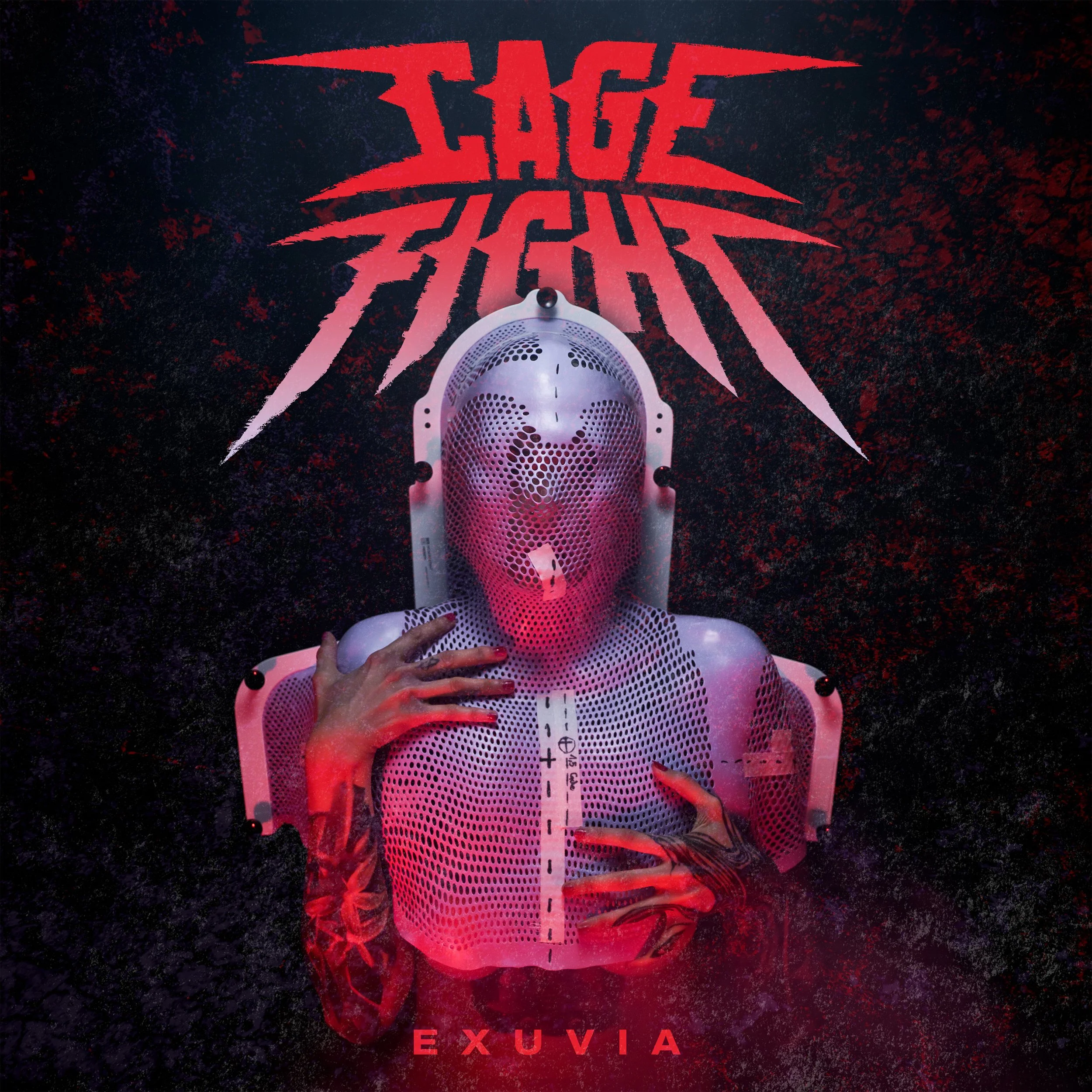 A perforated white mask lies on a pink plastic surface weathered in a grungy style. Behind the mask, a ruler with measurement marks is visible. The background features a grunge texture with splashes of red, purple, and black. On the surface, the faint words "EXUVIA" are present, suggesting a gritty, edgy vibe.