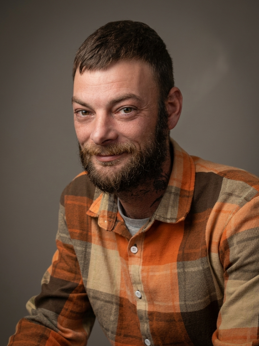 Portrait of a man with short dark hair, a beard, and tattoos, wearing an orange and brown plaid shirt, smiling at camera against a plain gray background.