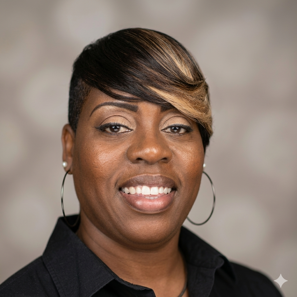 A professional woman with short, styled hair, wearing large hoop earrings and a black collared shirt, smiling at the camera against a neutral background.