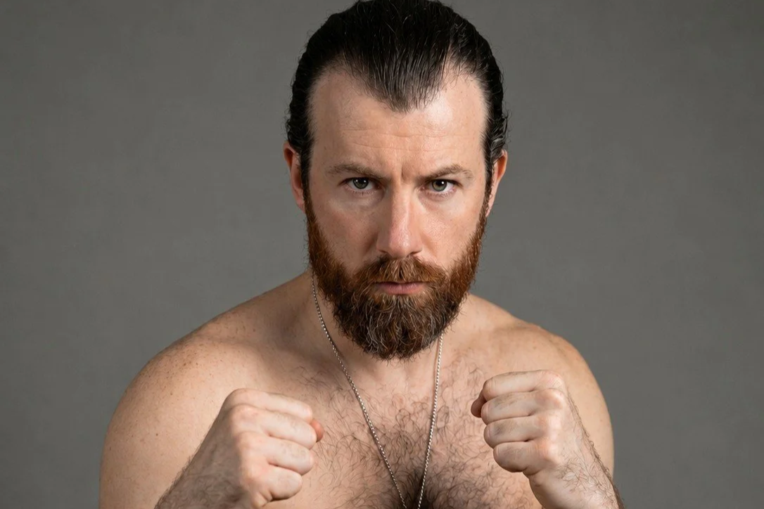 A shirtless man with a beard and mustache, looking intently at the camera, with his fists raised in a boxing stance against a gray background.