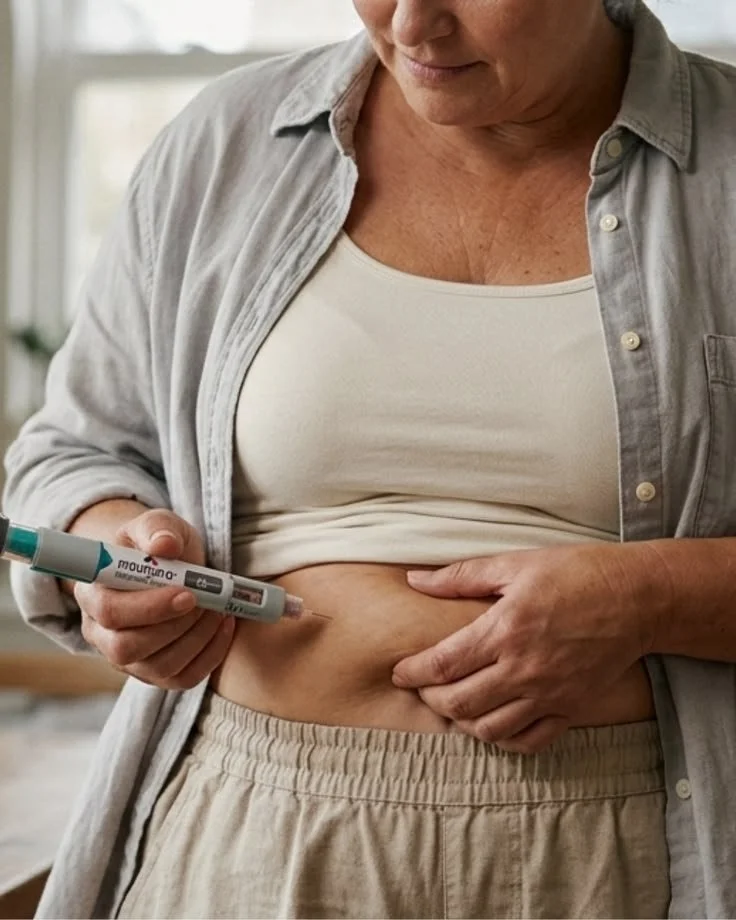 A woman prepares to inject weight-loss treatment into her abdomen, wearing a white top and beige sweatpants.