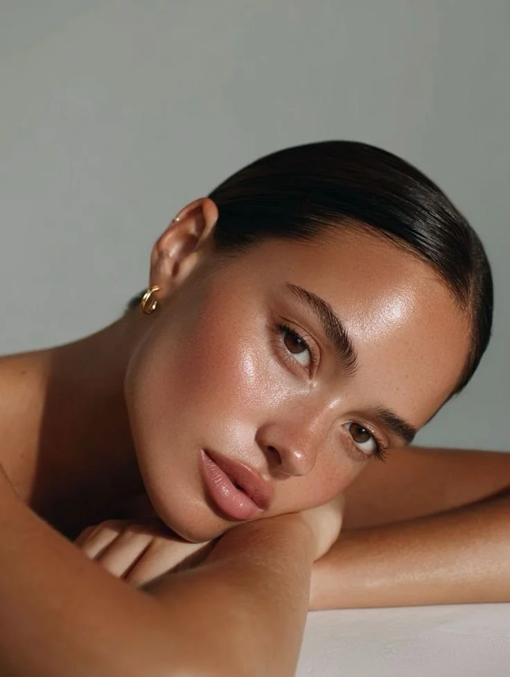 Close-up of a woman with dark hair pulled back, wearing gold hoop earrings, resting her head on her arms, with glowing skin and natural makeup, against a plain background.