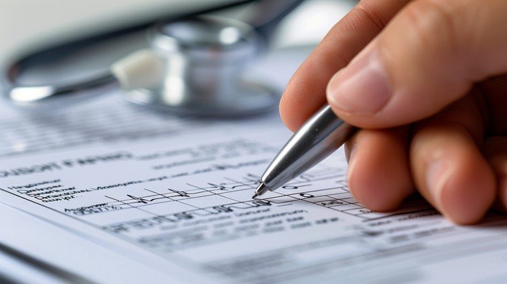 A hand holding a pen writing on an official medical paperwork or form, with a blurred background.