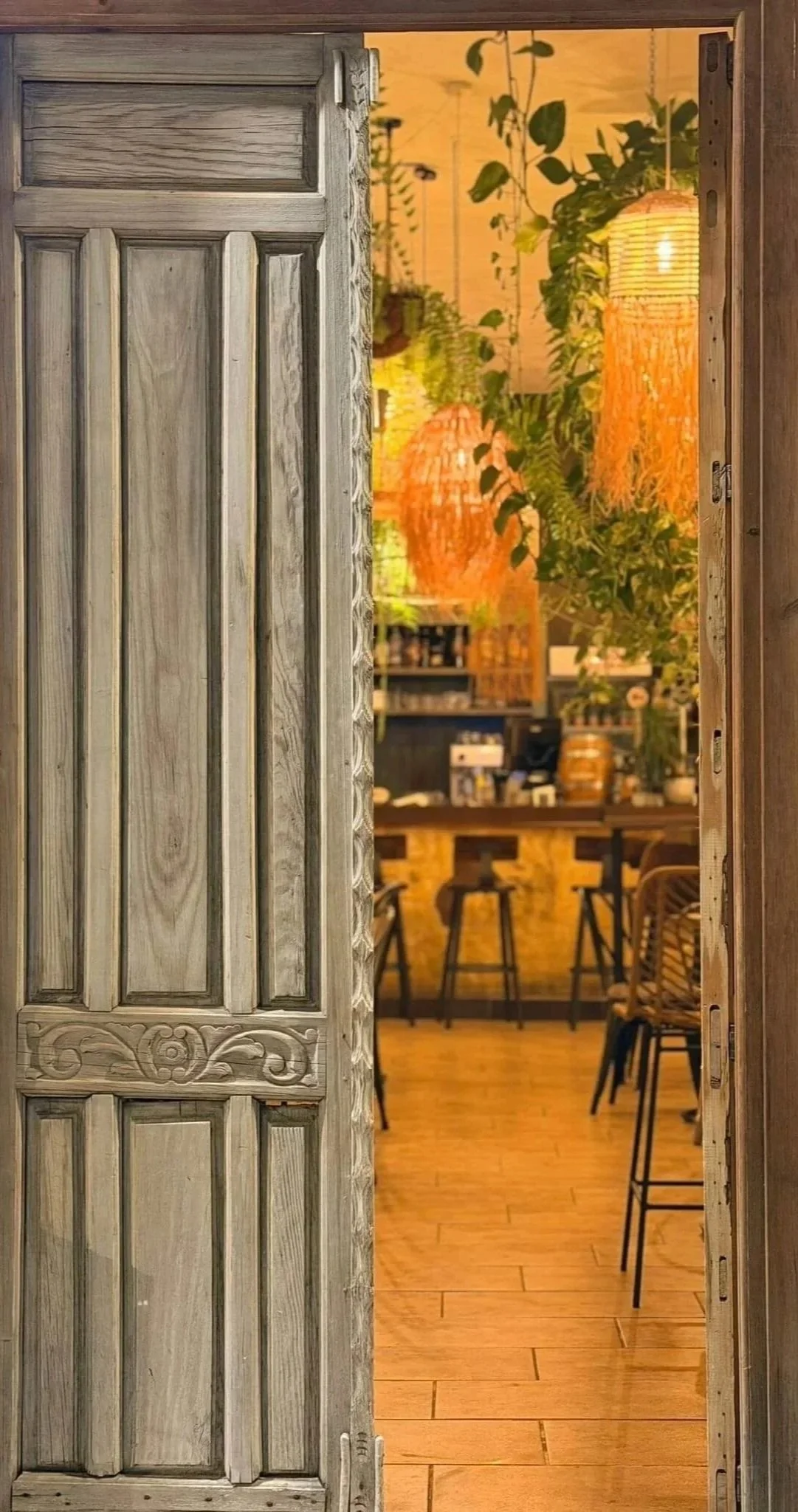 View of a cozy restaurant interior through a partially open rustic wooden door, featuring hanging woven lamps, potted plants, bar counter with shelves, and bar stools with wooden seats and black metal legs.